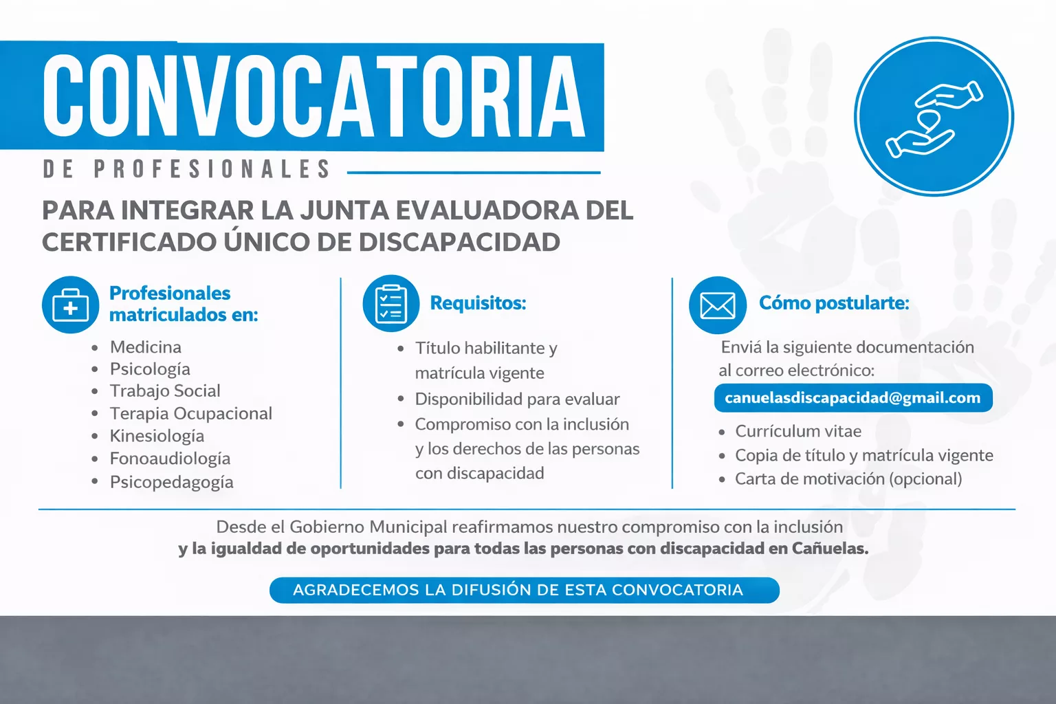 Cañuelas convoca a profesionales para integrar la Junta Evaluadora del Certificado Único de Discapacidad Cañuelas convoca a profesionales para integrar la Junta Evaluadora del Certificado Único de Discapacidad